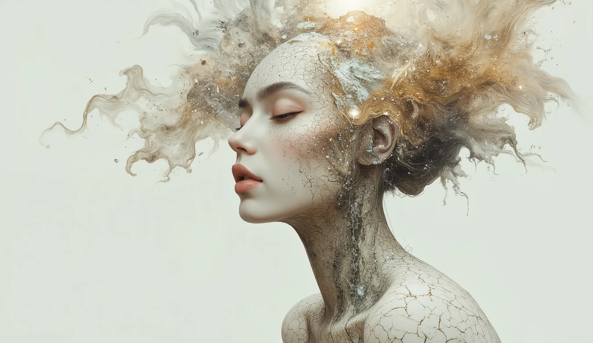 Imagine a surreal portrait of a woman whose face is a mosaic of various textures and materials, including cracked earth, flowing water, and shimmering crystals. She stands in a minimalist white room, with a single beam of light illuminating her face. Her e...