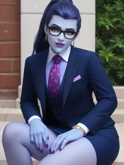 score_9, score_8_up, score_7_up, BREAK
 wdwmakr, owwidowmaker, (((colored skin))), (((blue skin))), head turned, (((glasses))), lipstick, long hair, ponytail, yellow eyes,,lips,1girl,solo,
 three-piece suit, formal, jewelry, dark grey suit, purple necktie,...
