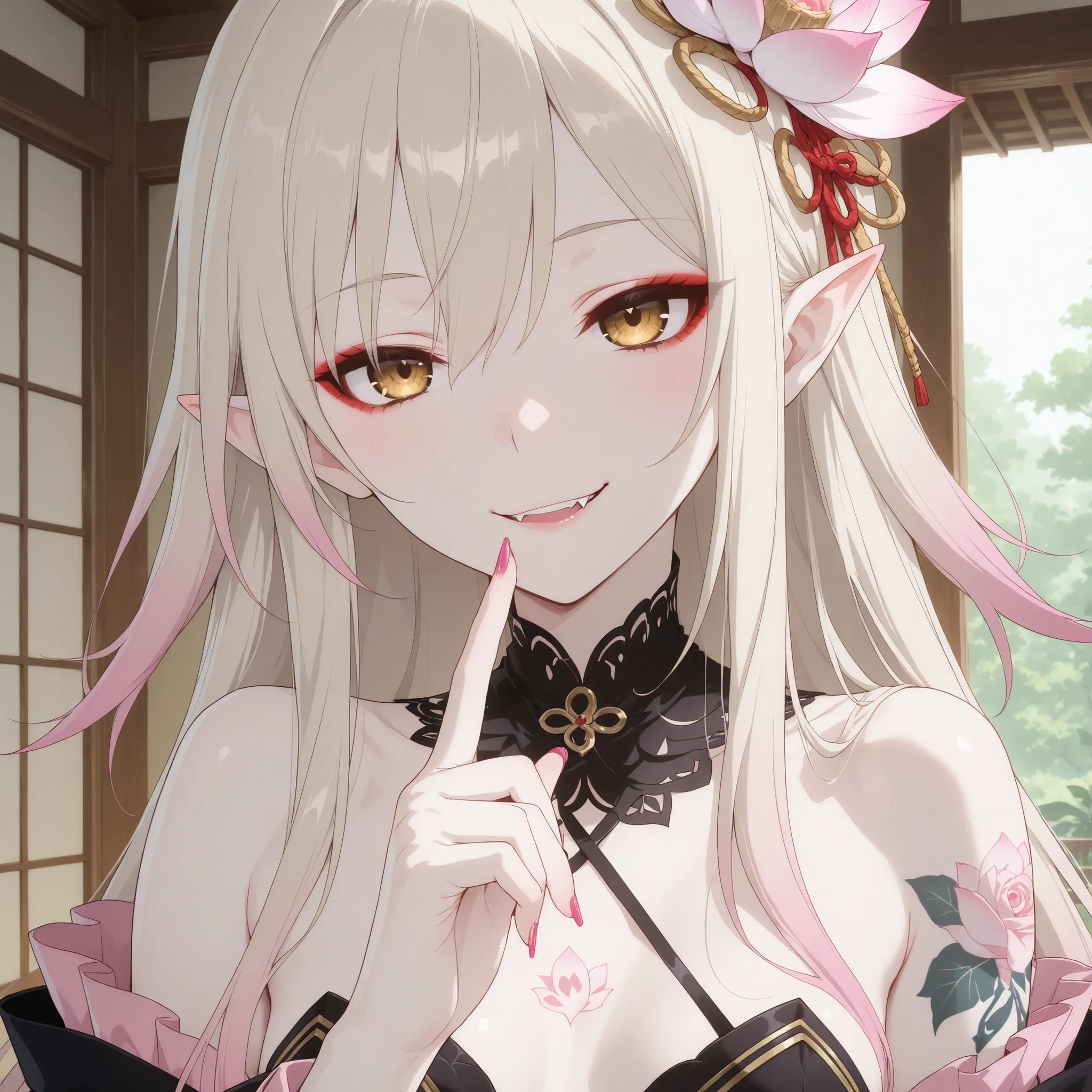 pale-blonde hair, Beautiful, Long Hair, (Rose gradient on hair), Golden Eyes  black kimono, cheeky, alluring, fang, cunning, sly , sexy expression, mature, eyeliner, pale hair,detached sleeves kimono, flowy hair, japanese house background, cherry pink Stil...