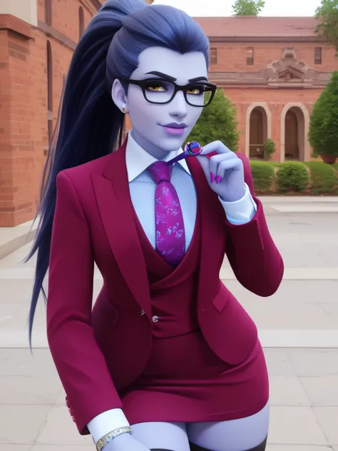 score_9, score_8_up, score_7_up, BREAK
 wdwmakr, owwidowmaker, (((colored skin))), (((blue skin))), head turned, (((glasses))), lipstick, long hair, ponytail, yellow eyes,,lips,1girl,solo,
 three-piece suit, formal, jewelry, dark grey suit, purple necktie,...