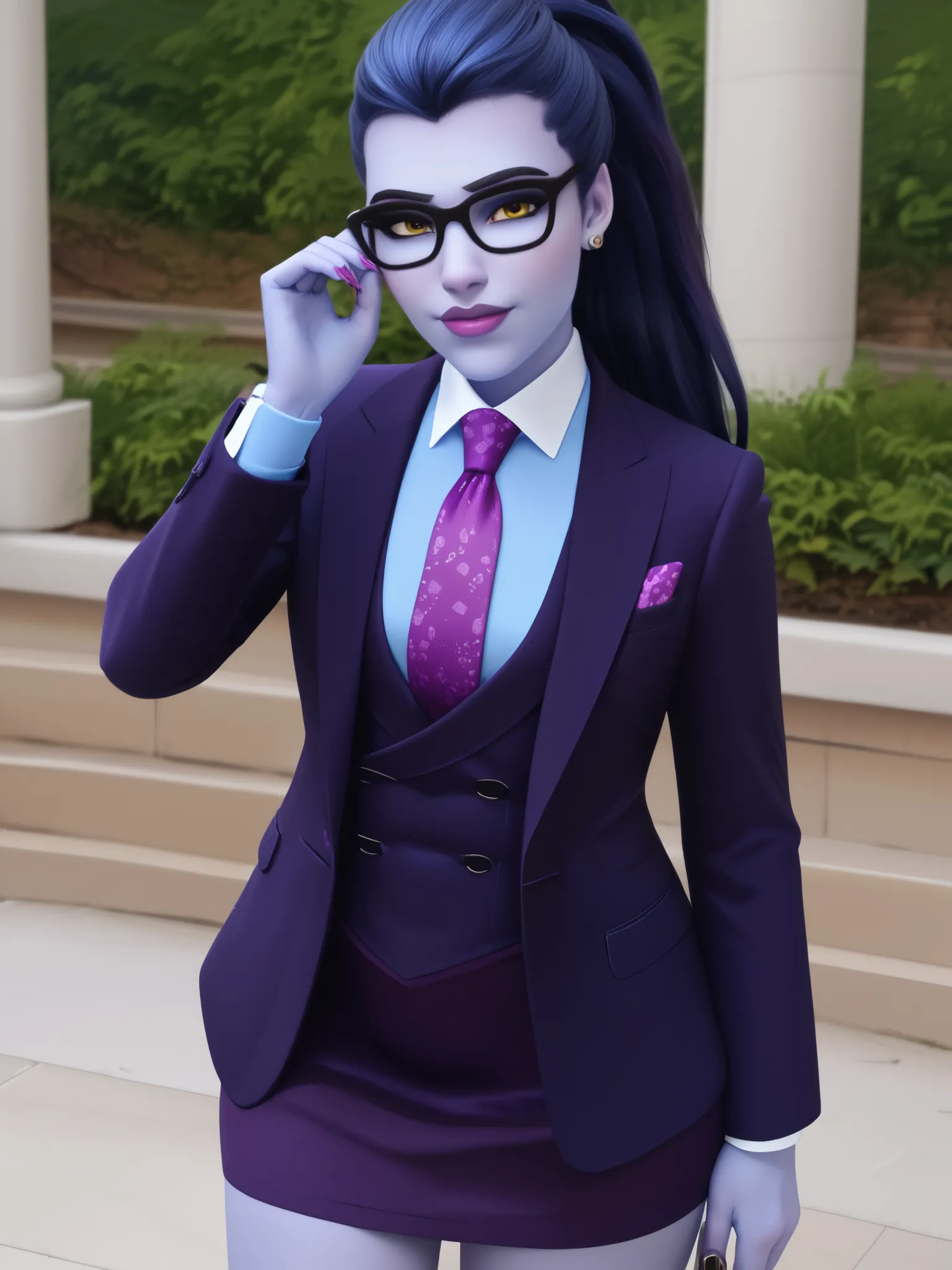 score_9, score_8_up, score_7_up, BREAK
 wdwmakr, owwidowmaker, (((colored skin))), (((blue skin))), head turned, (((glasses))), lipstick, long hair, ponytail, yellow eyes,,lips,1girl,solo,
 three-piece suit, formal, jewelry, dark grey suit, purple necktie,...