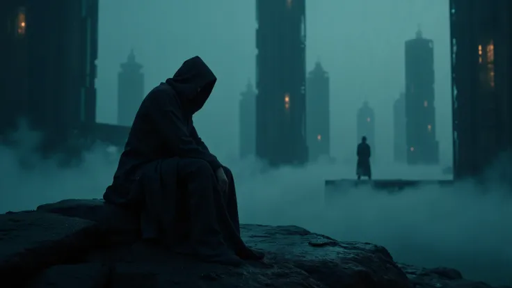 Create a [Subject: who, where, what...] [Doing what? When?] in an image of futuristic surrealism blended with atmospheric fantasy. Use a moody dark color palette, of mostly black with some deep inky blues and occasional metallic hues. This competition is v...