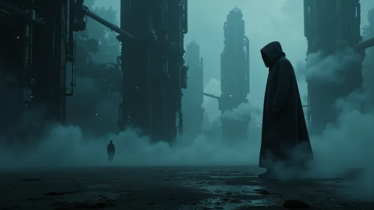 Create a [Subject: who, where, what...] [Doing what? When?] in an image of futuristic surrealism blended with atmospheric fantasy. Use a moody dark color palette, of mostly black with some deep inky blues and occasional metallic hues. This competition is v...