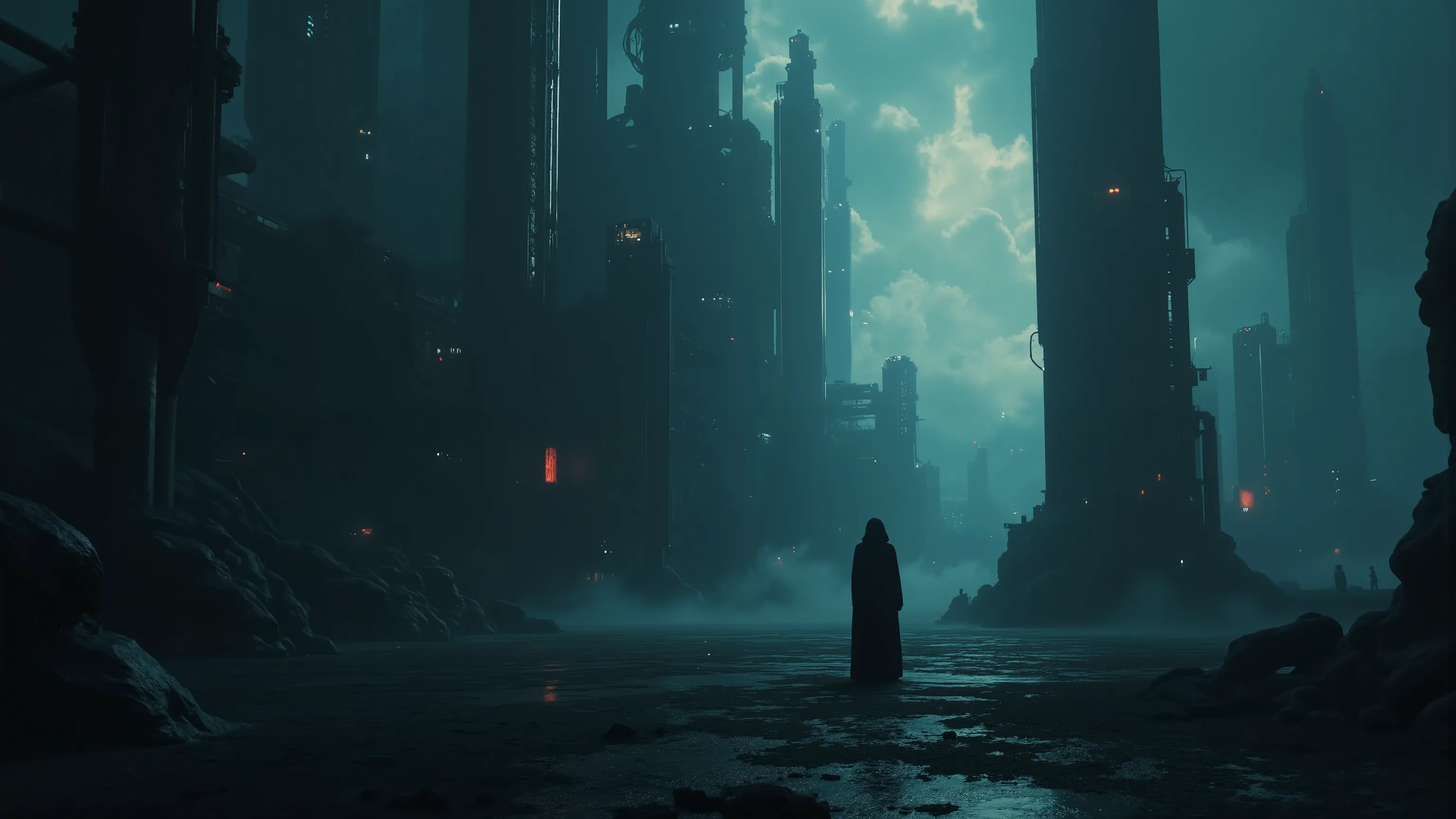 Create a [Subject: who, where, what...] [Doing what? When?] in an image of futuristic surrealism blended with atmospheric fantasy. Use a moody dark color palette, of mostly black with some deep inky blues and occasional metallic hues. This competition is v...