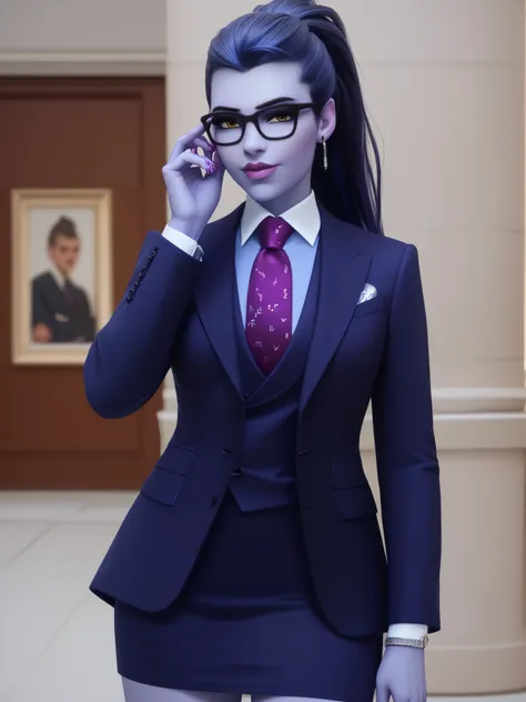 score_9, score_8_up, score_7_up, BREAK
 wdwmakr, owwidowmaker, (((colored skin))), (((blue skin))), head turned, (((glasses))), lipstick, long hair, ponytail, yellow eyes,,lips,1girl,solo,
 three-piece suit, formal, jewelry, dark grey suit, purple necktie,...