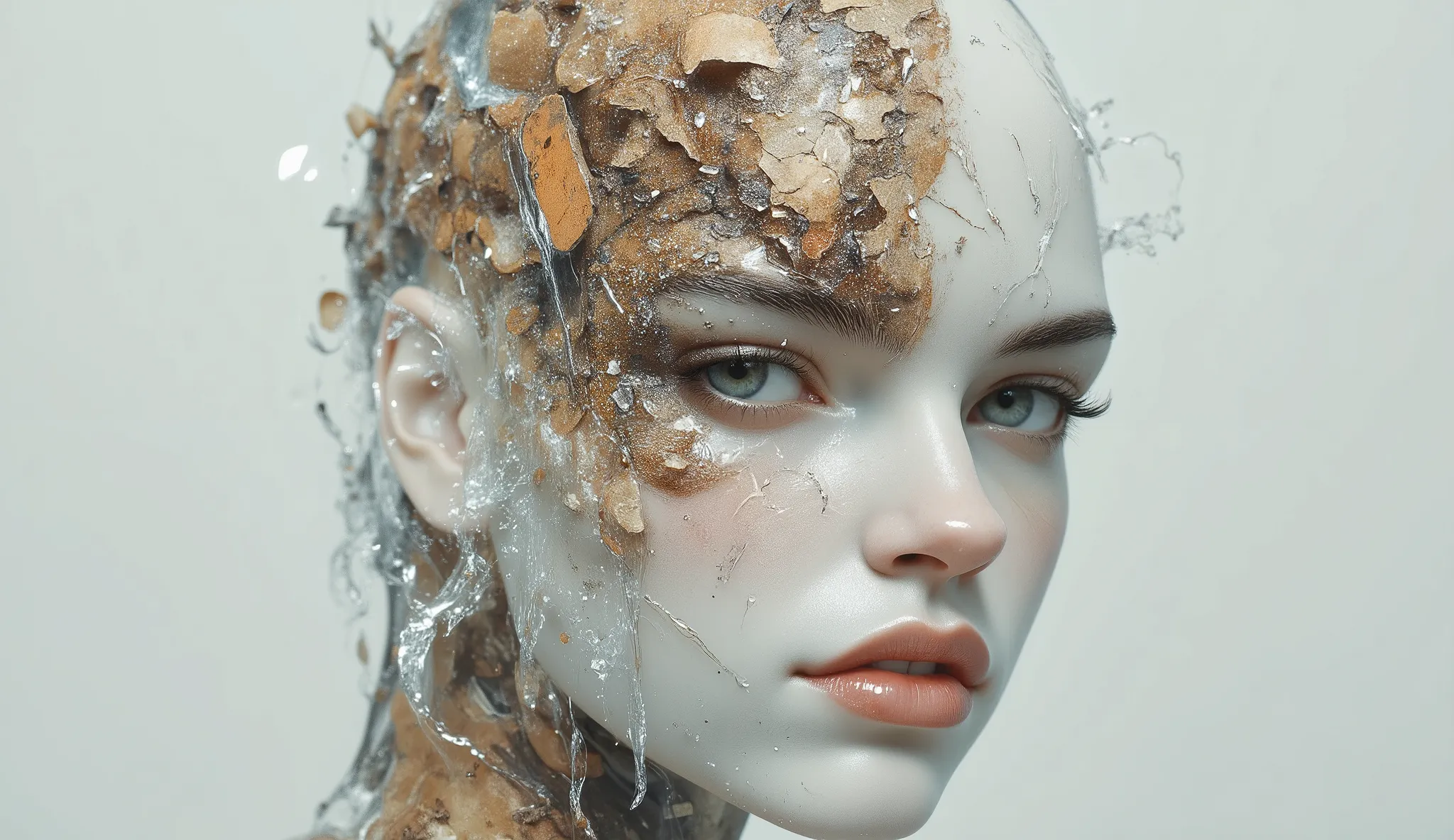 Imagine a surreal portrait of a woman whose face is a mosaic of various textures and materials, including cracked earth, flowing water, and shimmering crystals. She stands in a minimalist white room, with a single beam of light illuminating her face. Her e...