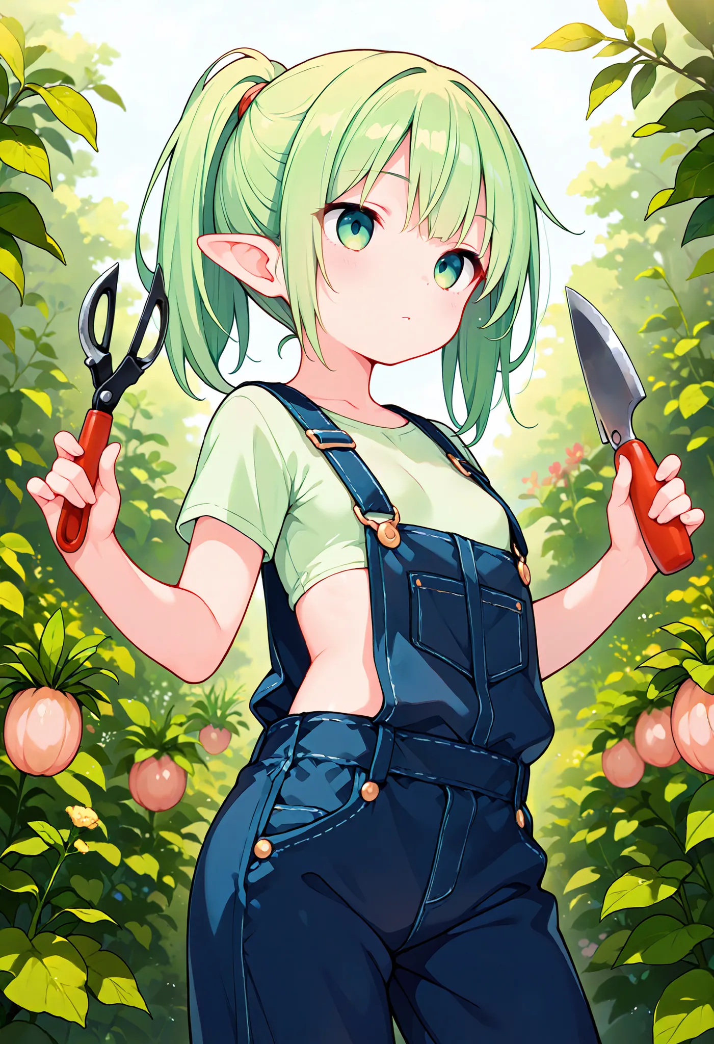 masterpiece, Best Quality, Very detailed, Japanese anime style , 1Girl,short,petite,young,green hair,ponytail hair,elf ears, emotionless expression, blush,((small breast)) , Wearing large overalls, wearing a light green undershirt, holding pruning shears, ...