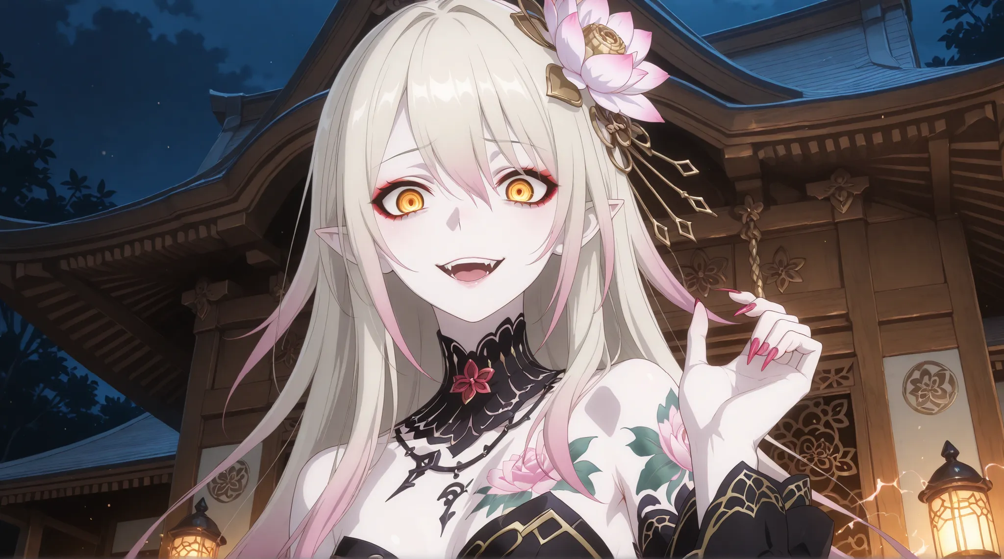 pale-blonde hair, Beautiful, Long Hair, (Rose gradient on hair), Golden Eyes  black kimono, mature, eyeliner, pale hair,detached sleeves kimono, flowy hair, japanese shrine background, cherry pink Stiletto nails, pale skin, pink lotus flower on hair, small...