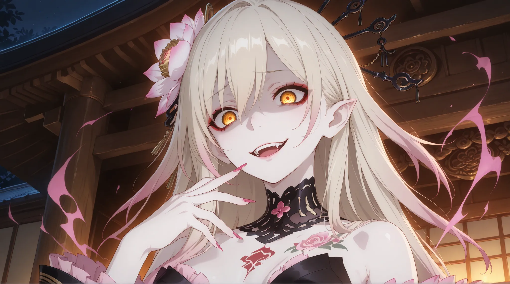 pale-blonde hair, Beautiful, Long Hair, (Rose gradient on hair), Golden Eyes black kimono, mature, eyeliner, pale hair,detached sleeves kimono, flowy hair, japanese shrine background, cherry pink Stiletto nails, pale skin, pink lotus flower on hair, small...