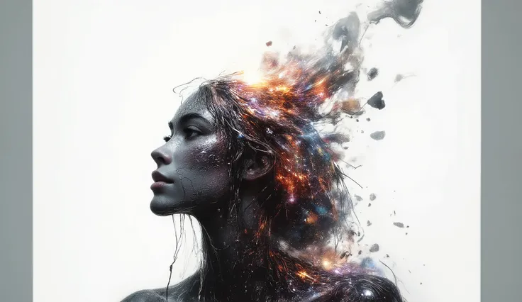 Imagine a surreal portrait of a woman whose face is a mosaic of various textures and materials, including cracked earth, flowing water, and shimmering crystals. She stands in a minimalist white room, with a single beam of light illuminating her face. Her e...