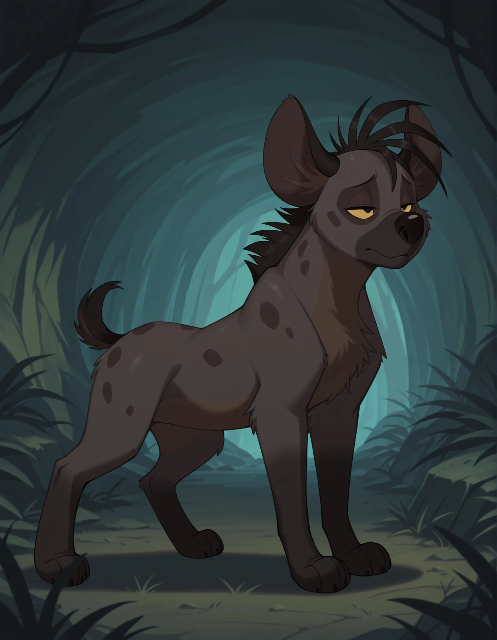 solo, Shenzi, Yellow sclers, furry, feral, solo hyena, black hair, short hair, back mane, dark-grey inner ear fluff, yellow sclera, black eyes, black nose, dark-grey body, dark-grey fur, dark-brown body, dark-brown fur, two tone body, two tone fur, dark-gr...