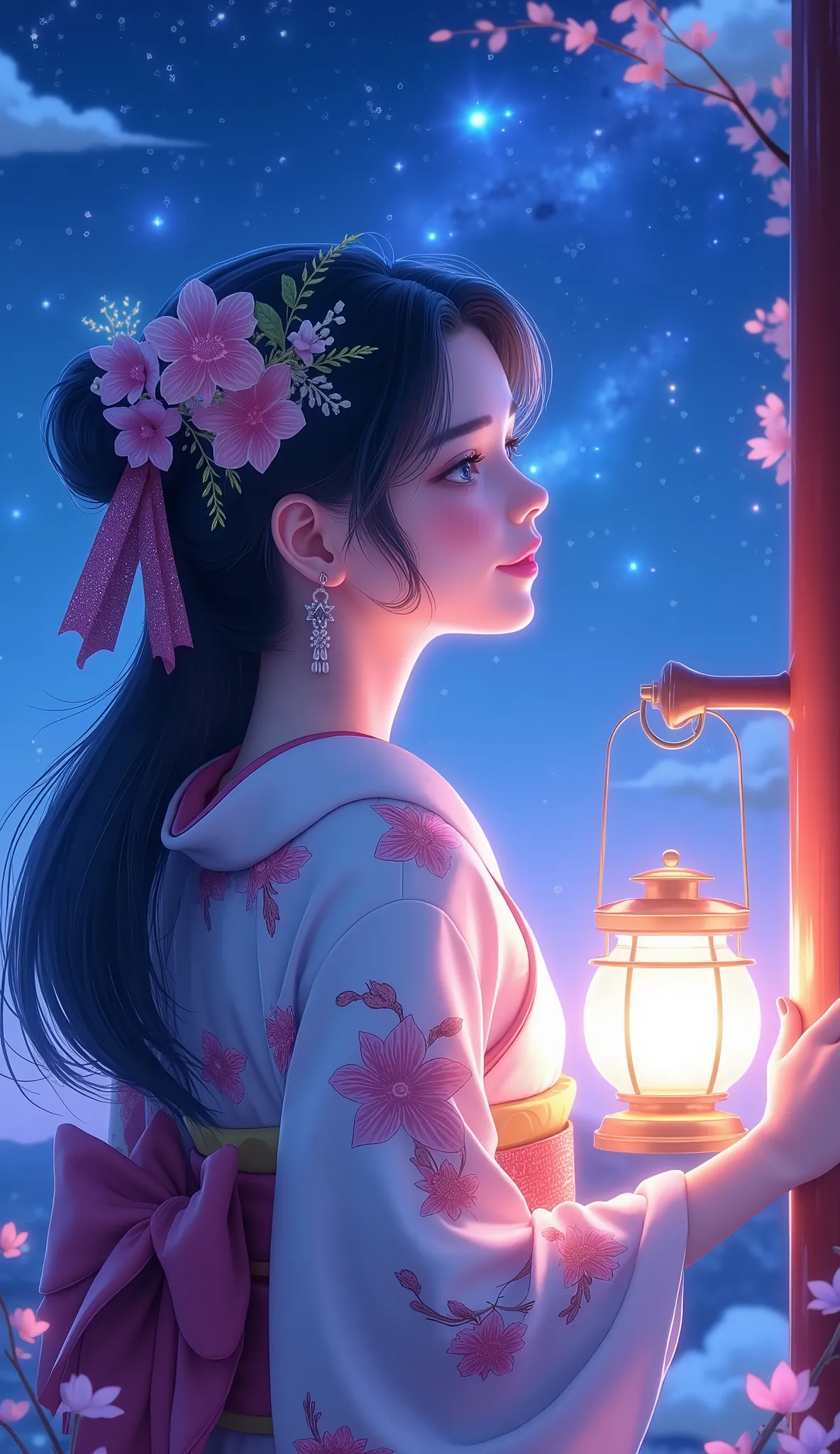 Milky Way Galaxy View and Night Sky 、Uma mulher、cabelo liso、 beautiful and shiny hair、pacote、wool、detailed eyes and face、、soft lighting、Unified 8K CG High Resolution Wallpaper、intricate details、retrato、looking at the stars、sozinho、meio tiro、Delicate face、s...
