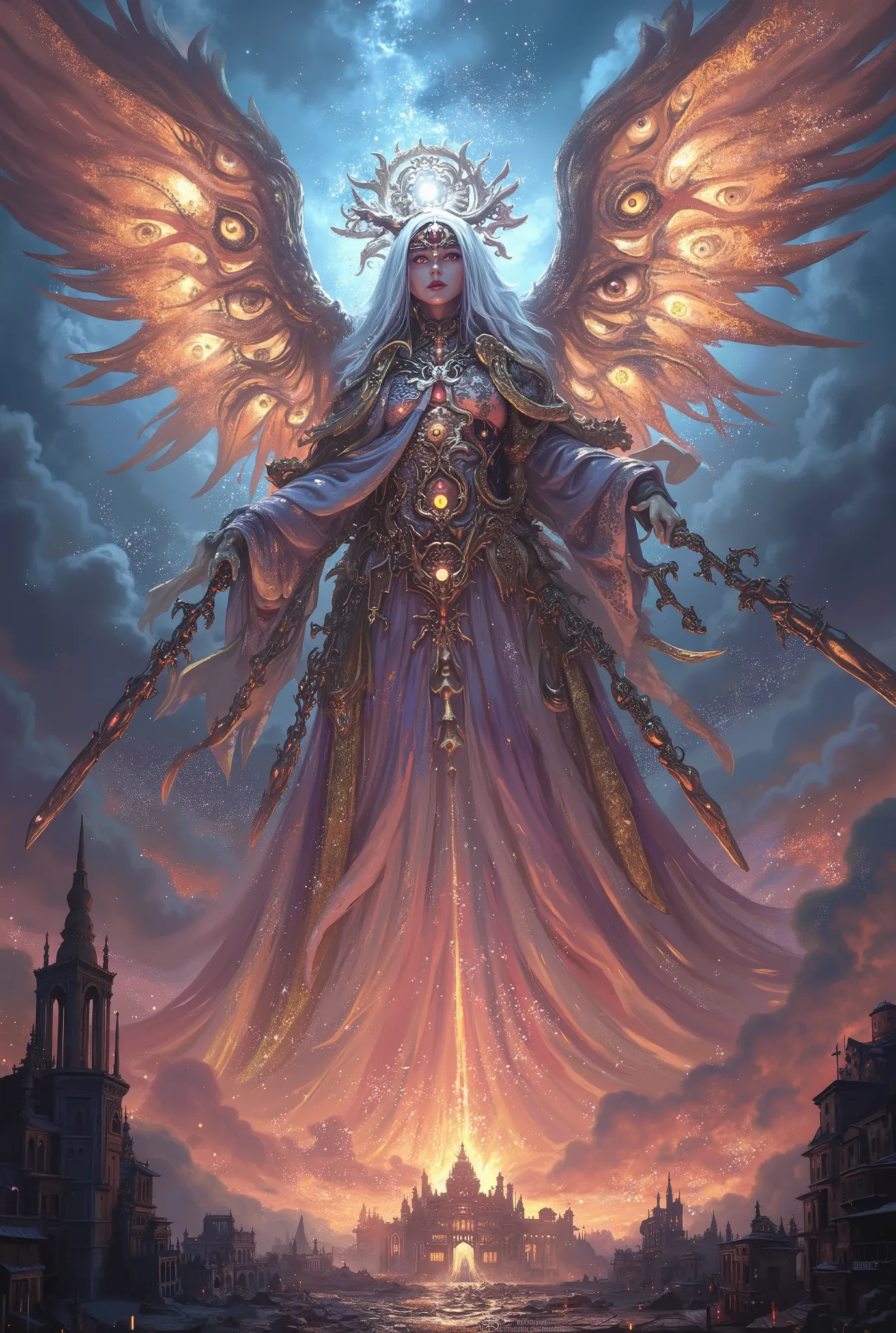 A final boss in the form of a divine goddess of light and ruin, standing tall within a radiant void temple, her appearance both beautiful and terrifying — a towering figure cloaked in flowing celestial robes made of starlight and prayer scrolls, her face e...