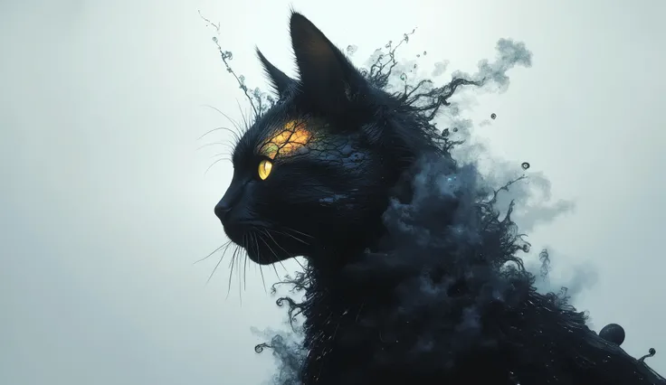 Imagine a surreal portrait of a black cat whose face is a mosaic of various textures and materials, including cracked earth, smoke, flowing water, and shimmering crystals. He stands in a minimalist white room, with a single beam of light illuminating her f...
