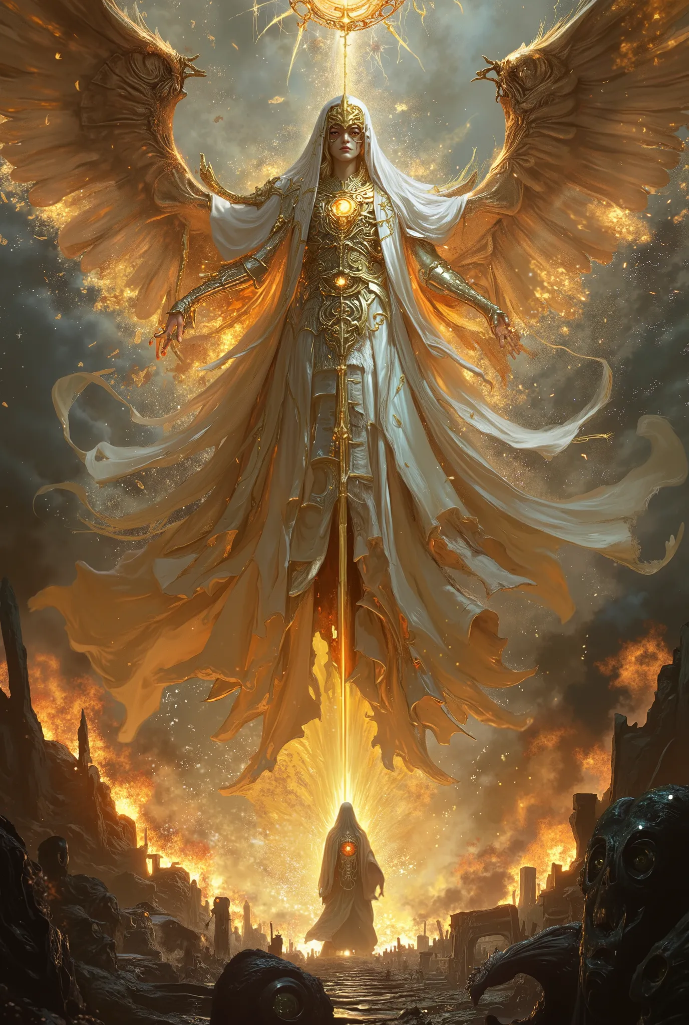 A final boss in the form of a divine goddess of light and ruin, standing tall within a radiant void temple, her appearance both beautiful and terrifying — a towering figure cloaked in flowing celestial robes made of starlight and prayer scrolls, her face e...