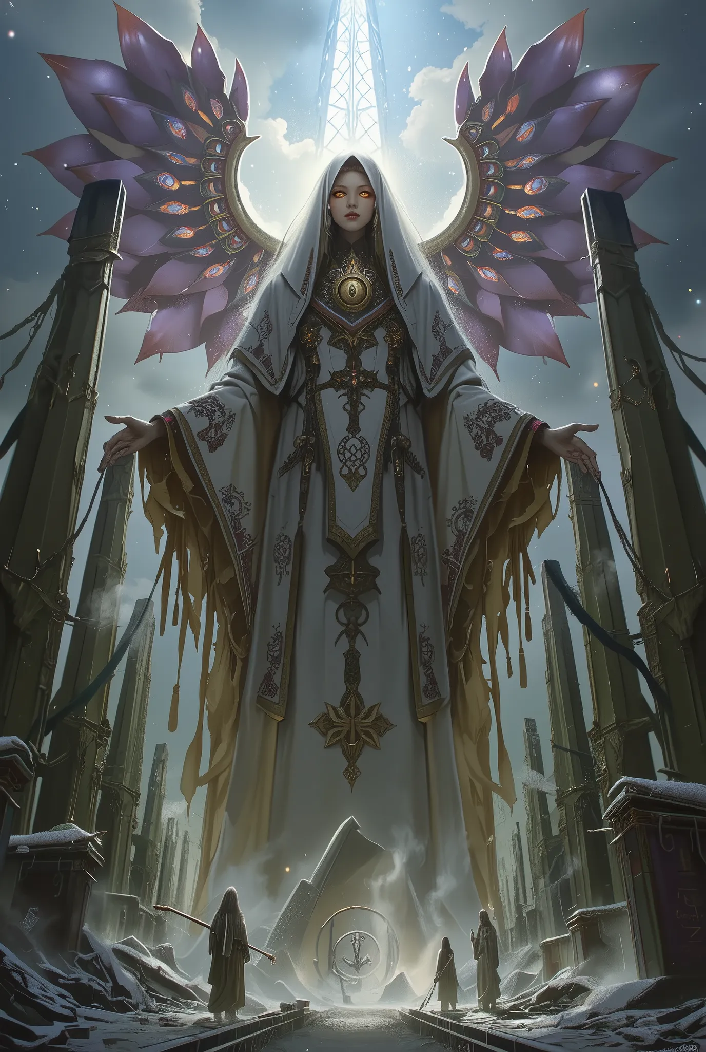 A final boss in the form of a divine goddess of light and ruin, standing tall within a radiant void temple, her appearance both beautiful and terrifying — a towering figure cloaked in flowing celestial robes made of starlight and prayer scrolls, her face e...