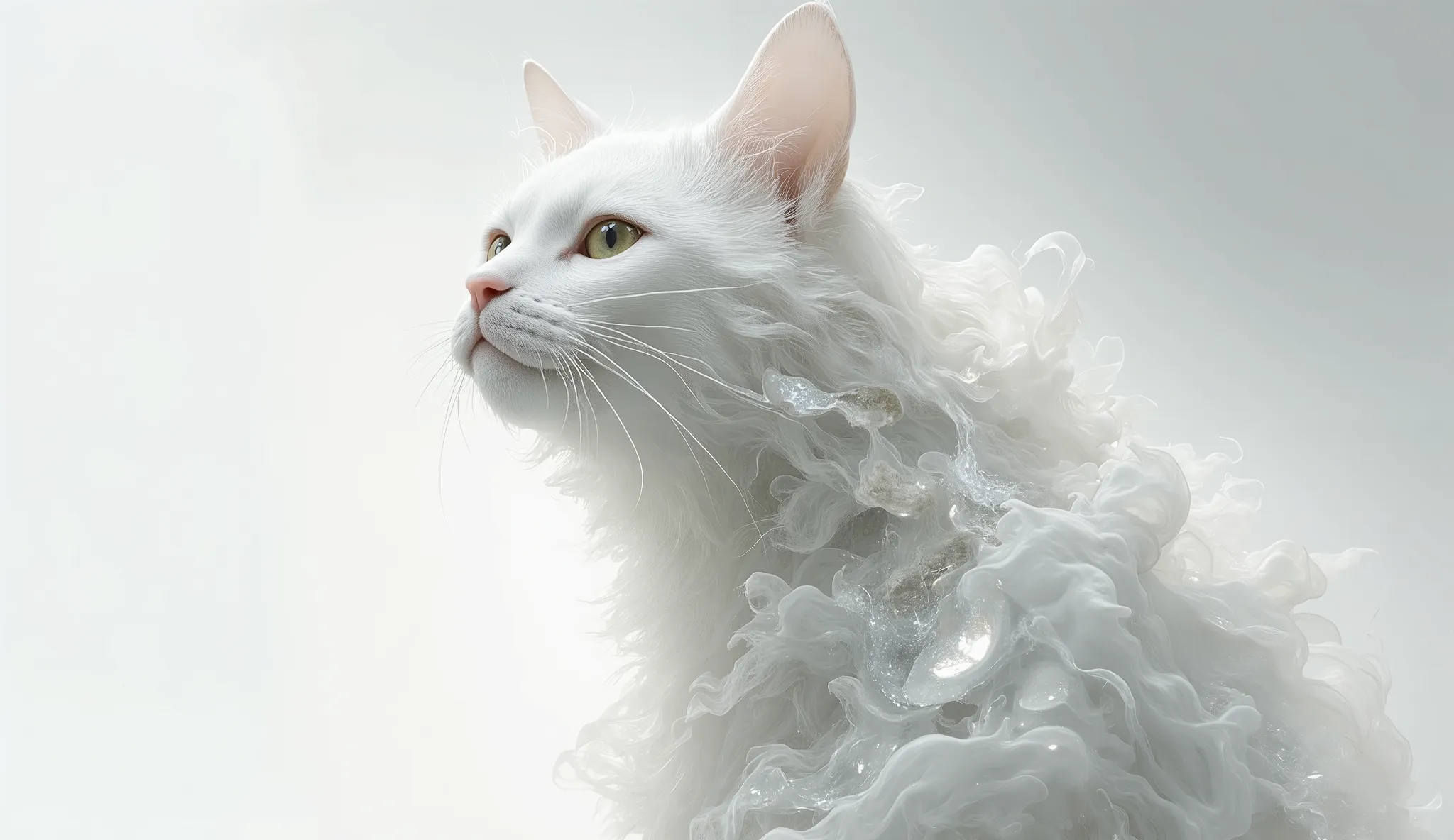 Imagine a surreal portrait of a white cat whose face is a mosaic of various textures and materials, including cracked earth, smoke, flowing water, and shimmering crystals. He stands in a minimalist white room, with a single beam of light illuminating her f...