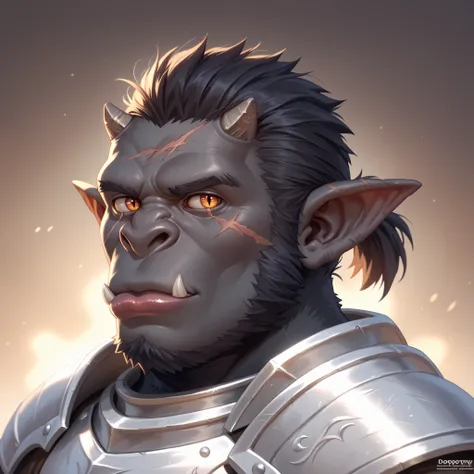 masterpiece, best quality, high resolution, gorilla, (muscular male), bara, (masculine), 1boy, solo, black fur, dark brown demon eyes, ((black skin)), wrinkly skin, black fur, gorilla nose, large nose, portrait, face focus, from side, looking at viewer, ((...