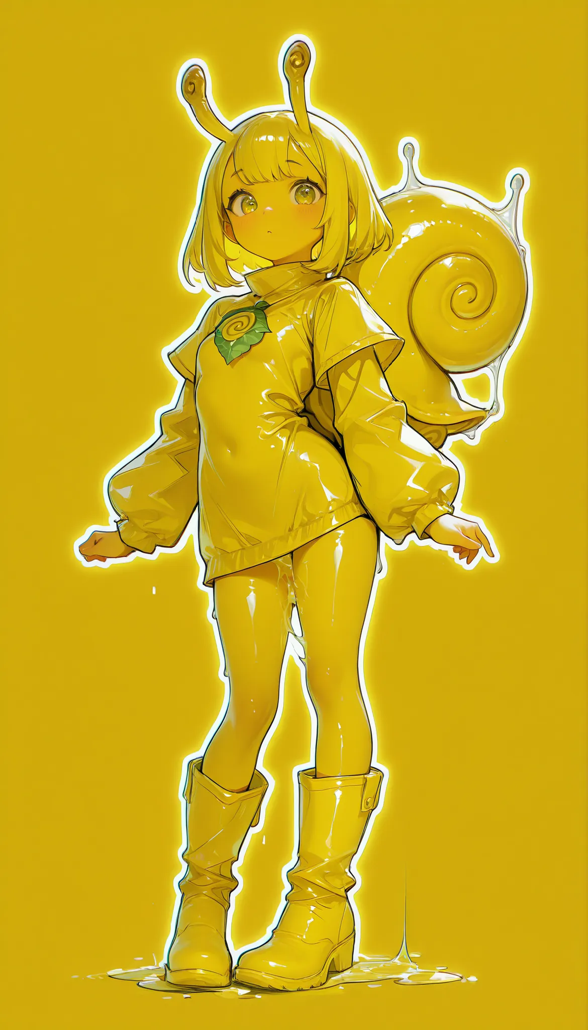 outline with chromatic aberration,delimited outline,contrasts ,Sketch of a snail girl, yellow boots ,baba,tree leaves flowing all over your body,snail lubricant,sticky