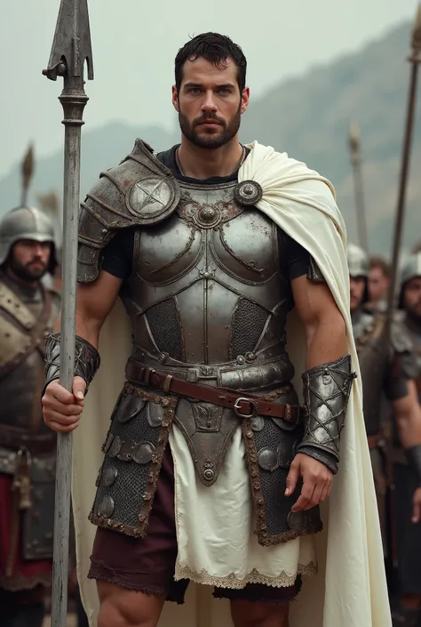 Adult, Man, Mixed Medieval and Roman armor, Short roman black hair, blue eyes, lean muscular body, Tribunus Armor, holding a Silver Knights Lance, white cape, realistic, high quality, better resolution, Slim but fit muscular.