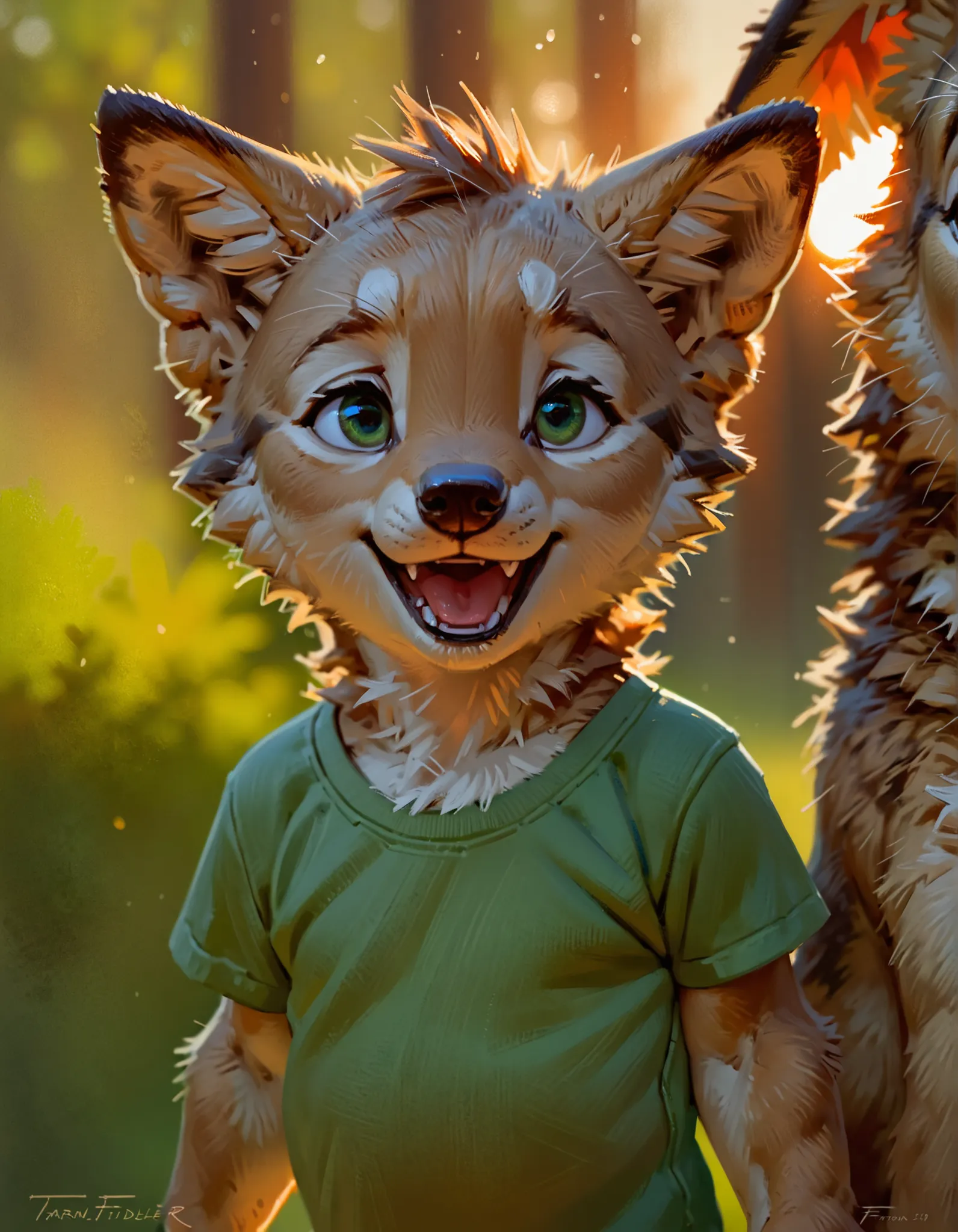 by Taran Fiddler, ((Small coyote, young, male, boy, anthro, toddler, young coyote pup, cute, green eyes, small, green t-shirt, laughing, cute eyes)), outside, close-up, golden hour, warm rim light, glowing rim light, blurred background, depth of field, can...