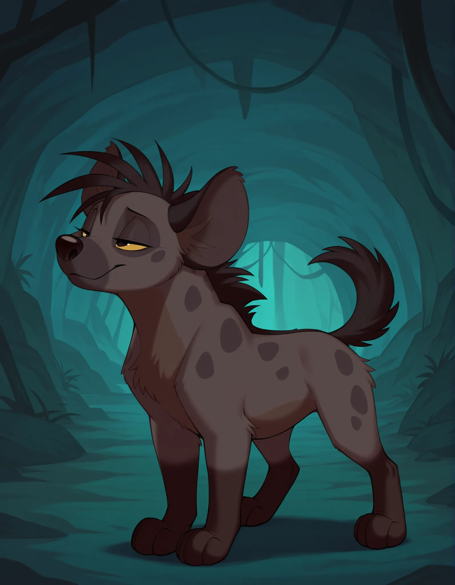 Shenzi, Yellow sclers, furry, feral, hyena, black hair, short hair, back mane, dark-grey inner ear fluff, yellow sclera, black eyes, black nose, dark-grey body, dark-grey fur, dark-brown body, dark-brown fur, two tone body, two tone fur, dark-grey spots, s...