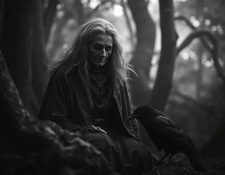 "Realistic fine art editorial black and white photograph of an elderly woman standing alone in a dense, ancient forest, evoking the timeless image of a witch from folklore. She has a deeply lined, weathered face with expressive features shaped by age and e...