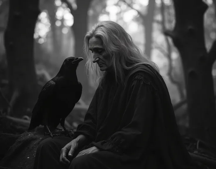 "Realistic fine art editorial black and white photograph of an elderly woman standing alone in a dense, ancient forest, evoking the timeless image of a witch from folklore. She has a deeply lined, weathered face with expressive features shaped by age and e...