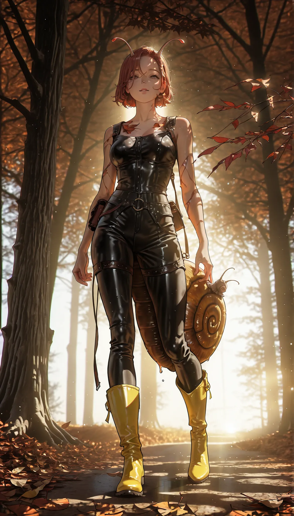 photorealistic, beautiful detailed eyes, detailed leather, detailed hair, volumetric lighting, Extremely detailed dapple, light particles, dramatic shadows, film lighting, photo background, depth of field,,outline with chromatic aberration,delimited outli...