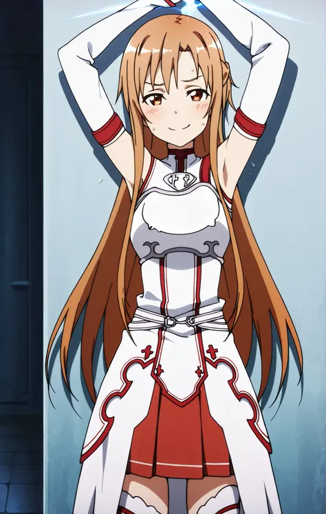 masterpiece, best quality, amazing quality, anime screencap, anime coloring, 1girl, solo, Yuuki Asuna, Yuuki Asuna SAO costume, White Armor, White breastplate, White isolated sleeve, (character), long hair, detached sleeves, bare shoulders, bare arms, arms...