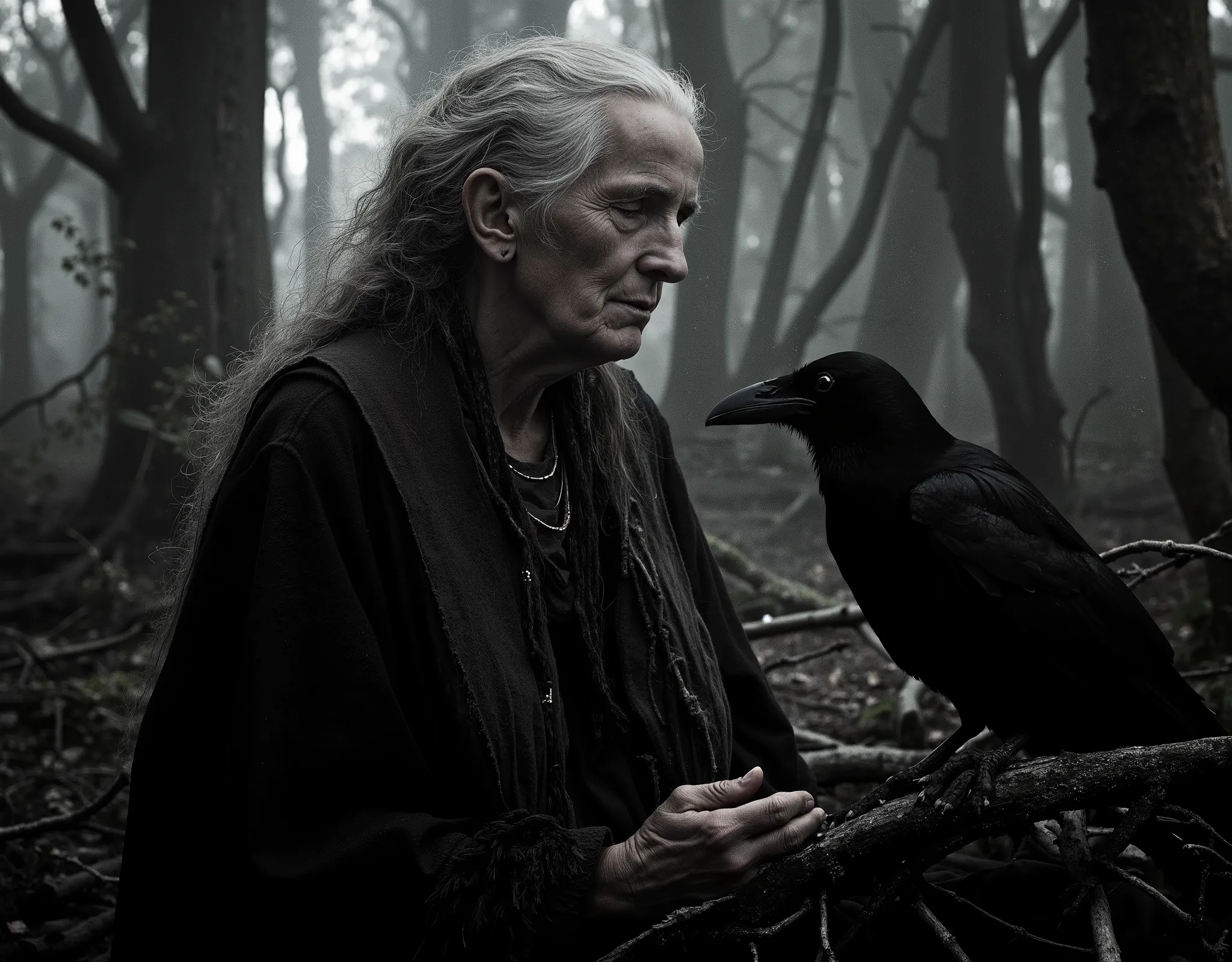 "Realistic fine art editorial black and white photograph of an elderly woman standing alone in a dense, ancient forest, evoking the timeless image of a witch from folklore. She has a deeply lined, weathered face with expressive features shaped by age and e...