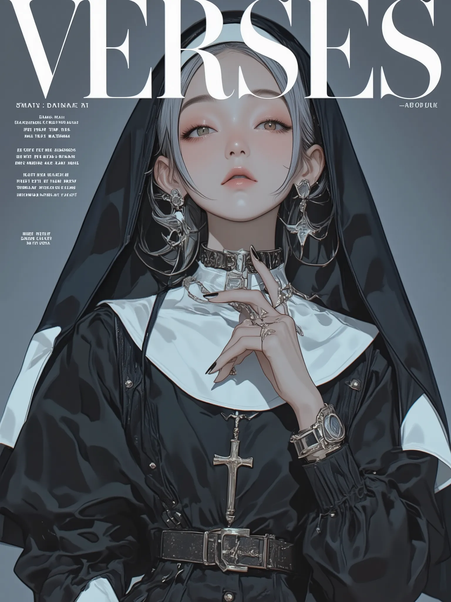 fashion magazine cover featuring a close-up portrait of a mysterious woman in a modern nun-inspired outfit, poetic and surreal atmosphere, elegant lighting and minimalist background, styled like a high-end poetry-themed fashion issue, large title “VERSES” ...