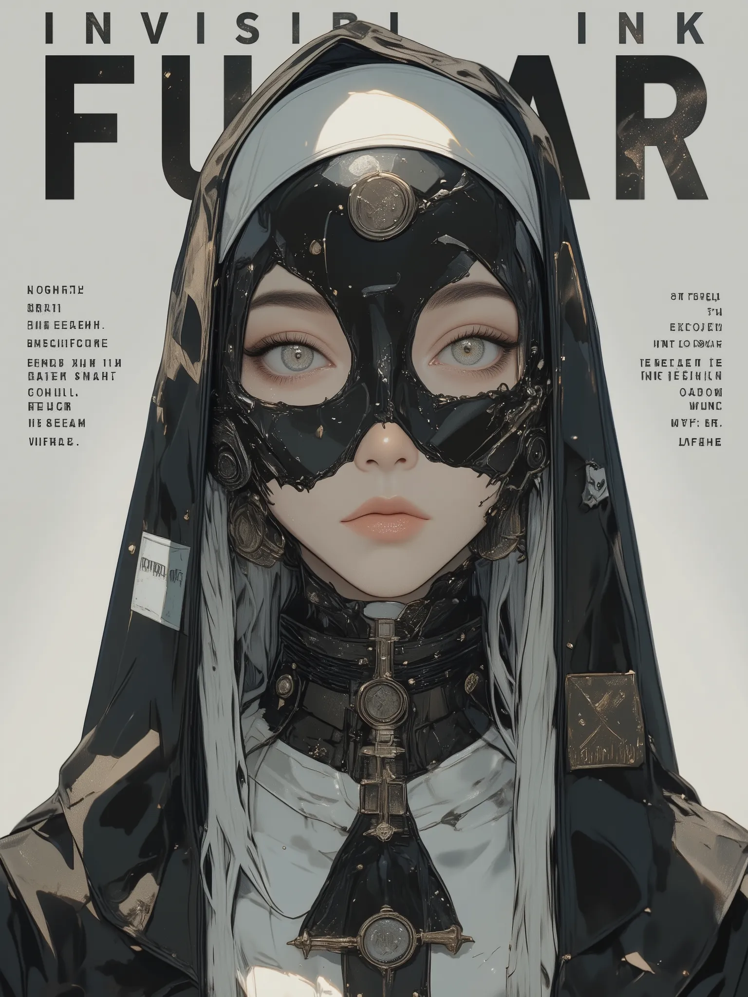 fashion magazine cover featuring a close-up portrait of a mysterious woman in a modern nun-inspired fashion outfit, soft shadows and poetic lighting, minimalist background, styled like a high-end poetry-themed fashion editorial, large serif title “INVISIBL...