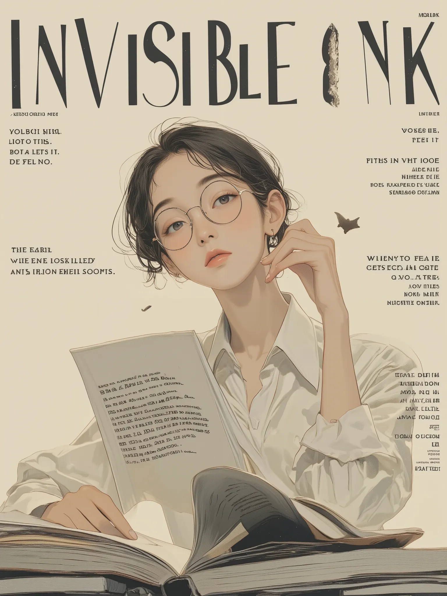 fashion magazine cover featuring a close-up portrait of a thoughtful young woman wearing round glasses, reading a book with calm focus, dressed in minimalist, intellectual fashion with soft fabrics, sitting against a neutral poetic background, styled like ...