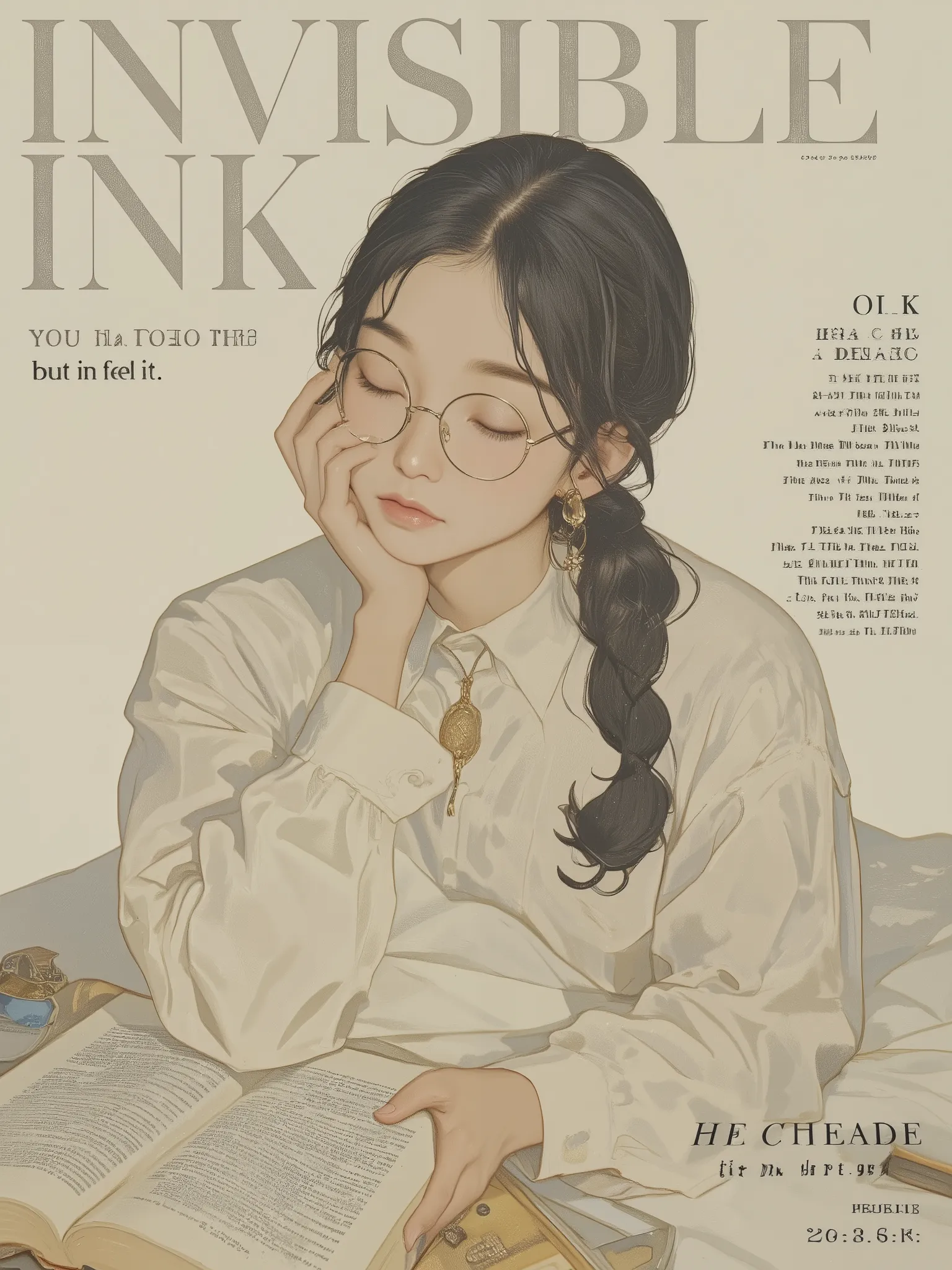 fashion magazine cover featuring a close-up portrait of a thoughtful young woman wearing round glasses, reading a book with calm focus, dressed in minimalist, intellectual fashion with soft fabrics, sitting against a neutral poetic background, styled like ...