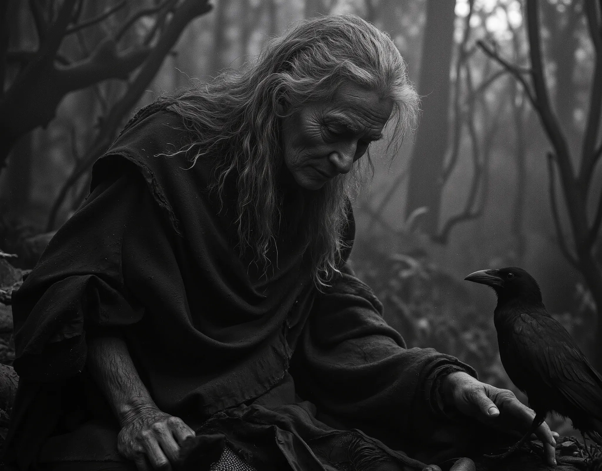 "Realistic fine art editorial black and white photograph of an elderly woman standing alone in a dense, ancient forest, evoking the timeless image of a witch from folklore. She has a deeply lined, weathered face with expressive features shaped by age and e...