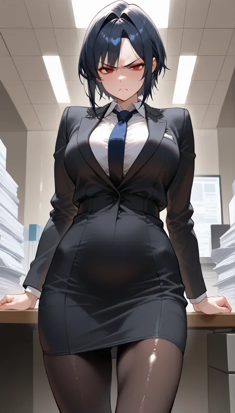 A Office Lady wearing A Black Suit,Black Pantyhose,Shiny skin,(Dark Blue short hair,hair intakes, parted bangs),Red eyes,(frown,scowl, v-shaped eyebrows, shaded),Slim body,In Corporate Office,standing beside the Office Desk,UHD, SOLO, anatomically correct,...