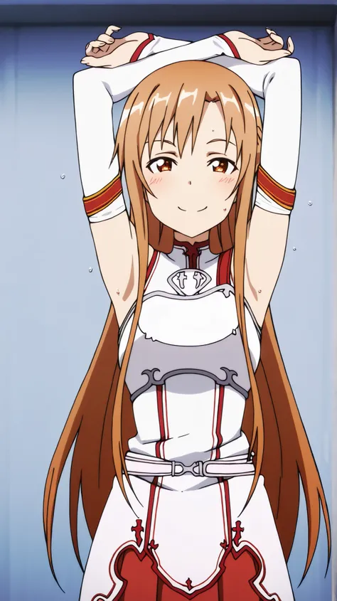 masterpiece, best quality, amazing quality, anime screencap, anime coloring, 1girl, solo, Yuuki Asuna, Yuuki Asuna SAO costume, White Armor, White breastplate, White isolated sleeve, (character), long hair, detached sleeves, bare shoulders, bare arms, arms...