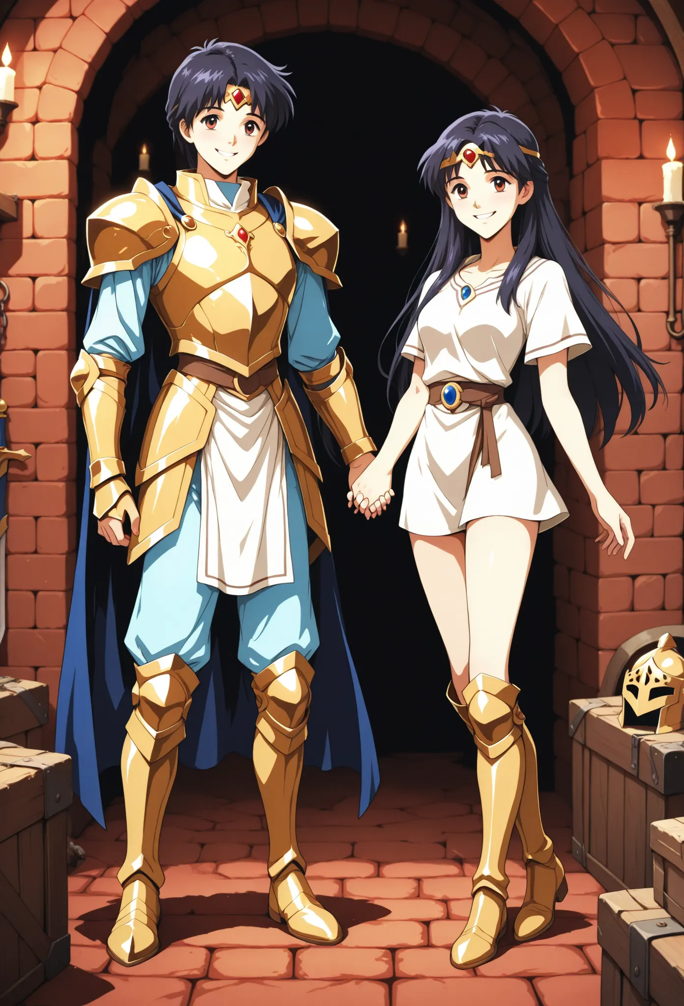 A maiden with dark hair wearing a short white tunic, thigh-high hide boots and circlet, smiling, inside a red brick dungeon, holding hands with a knight in golden armor, in full view in a highly detailed anime style