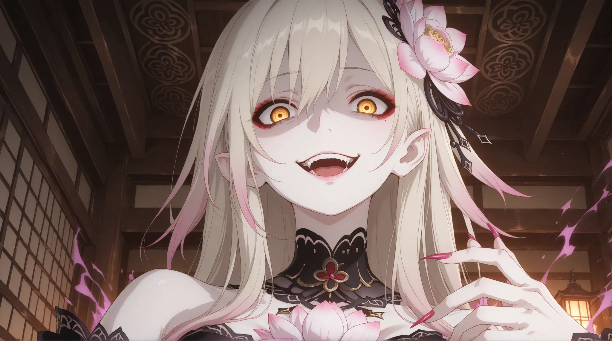 pale-blonde hair, Beautiful, Long Hair, (Rose gradient on hair), Golden Eyes black kimono, mature, eyeliner, pale hair,detached sleeves kimono, flowy hair, japanese shrine background, cherry pink Stiletto nails, pale skin, pink lotus flower on hair, small...