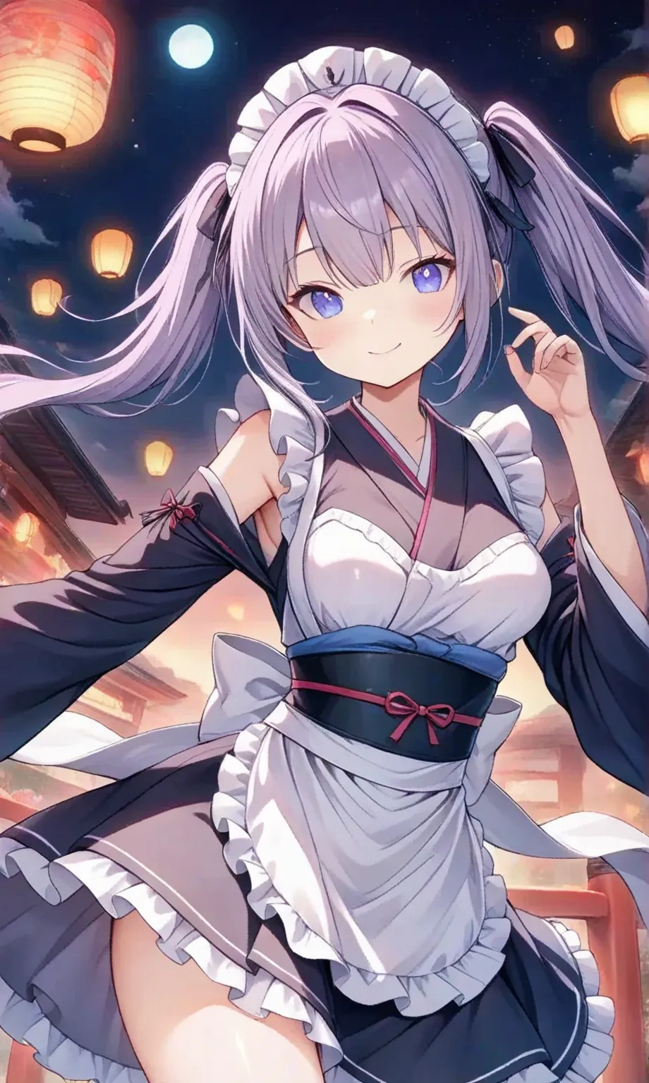 Kimono maid,frilly skirt with an apron,Colorful 隠れ星ノートPC製品、ノートパソコンが置かれた机の横に立っている