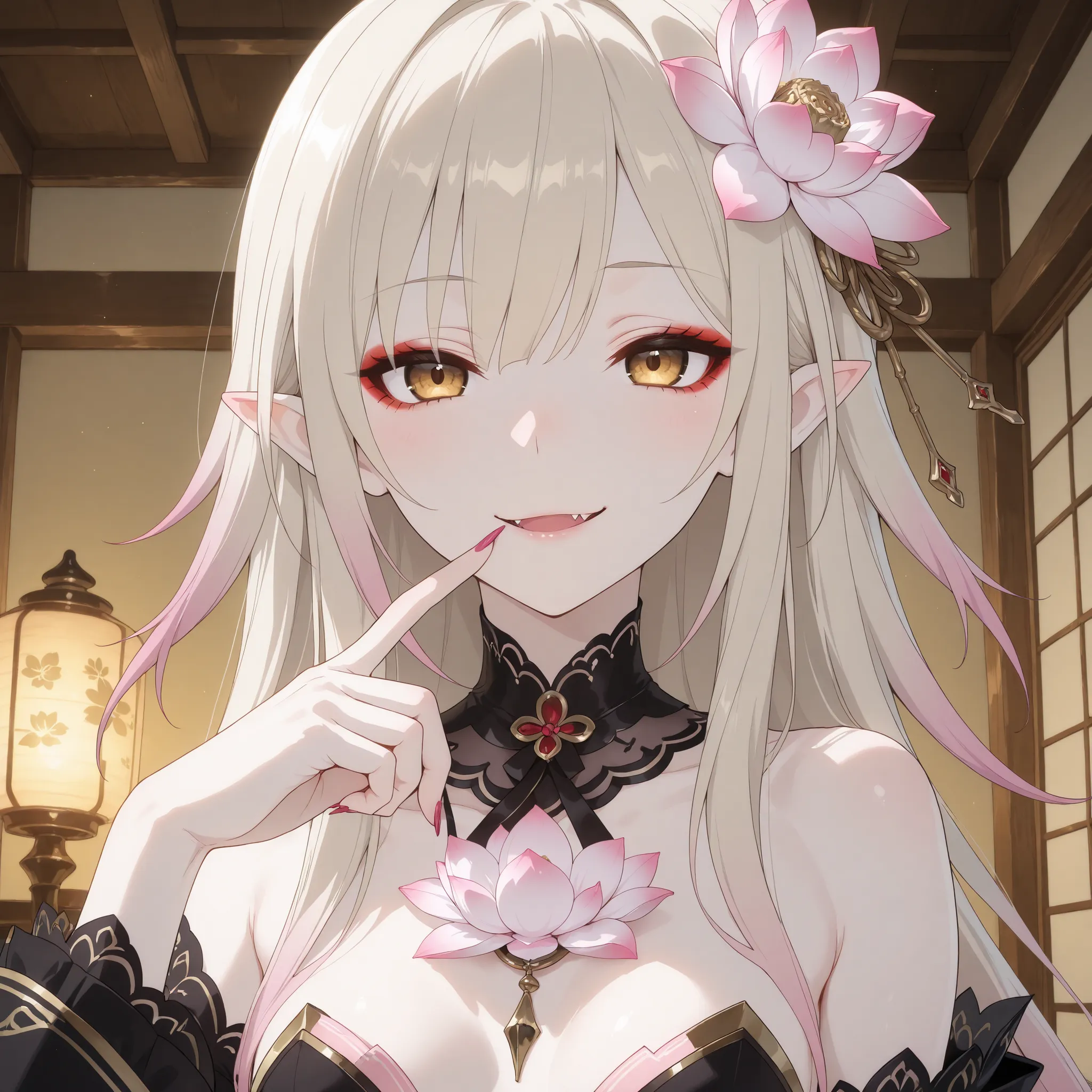 pale-blonde hair, Beautiful, Long Hair, (Rose gradient on hair), Golden Eyes black kimono, cheeky, alluring, fang, cunning, sly , sexy expression, mature, eyeliner, pale hair,detached sleeves kimono, flowy hair, japanese house background, cherry pink Stil...