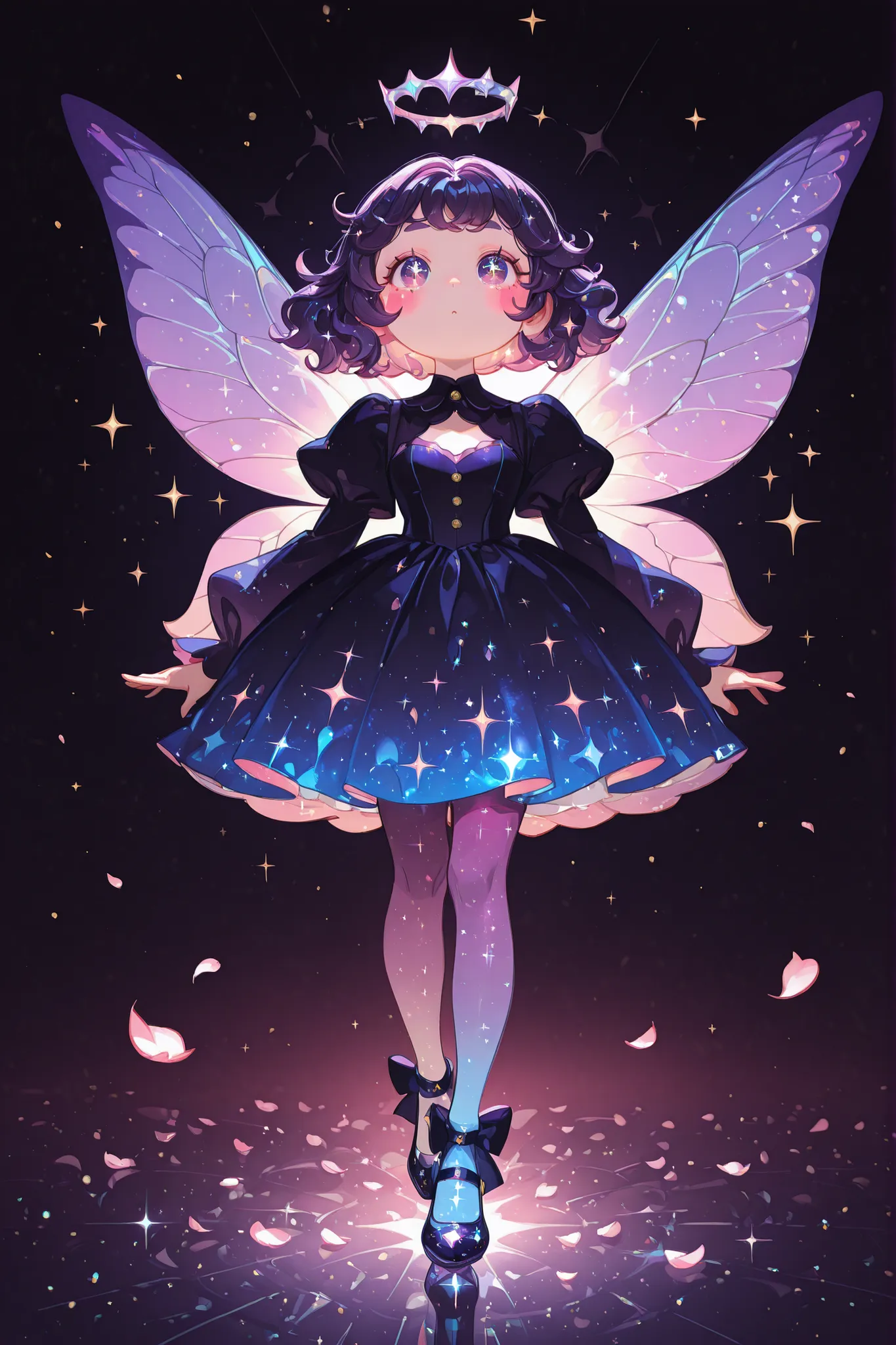 Lunelly Bloom is a 12cm fairy, with dark purple wavy hair, starry eyes and peach-colored cheeks. She wears a dress with sparkling petals and button shoes. Her wings resemble sakura petals with galactic glitter.