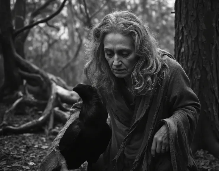 "Realistic fine art editorial black and white photograph of an elderly woman standing alone in a dense, ancient forest, evoking the timeless image of a witch from folklore. She has a deeply lined, weathered face with expressive features shaped by age and e...