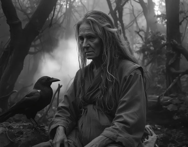 "Realistic fine art editorial black and white photograph of an elderly woman standing alone in a dense, ancient forest, evoking the timeless image of a witch from folklore. She has a deeply lined, weathered face with expressive features shaped by age and e...