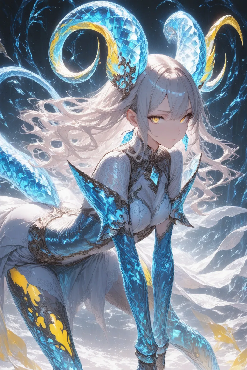 1girl,solo,short white wavy hair,(glowing yellow eyes:1.1),blue crystal armor,[embedded crystals],intricate crystal patterns,large curved horns,crystal earrings,crystal tail,intense gaze,looking at viewer,leaning forward pose,(volumetric lighting:1.1),(cinematic atmosphere:1.1),glowing highlights,abstract background, 
,masterpiece,best quality,amazing quality,
