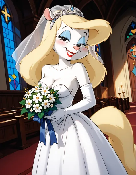 masterpiece,best quality, highly detailed, score_9, score_8_up, score_7_up, score_6_up,BREAK minerva mink, 1girl, white fur, blonde hair, front view, dutch angle, blushing, fluffy blonde tail, solo, black eyes, looking at viewer, long hair, topless, weddin...