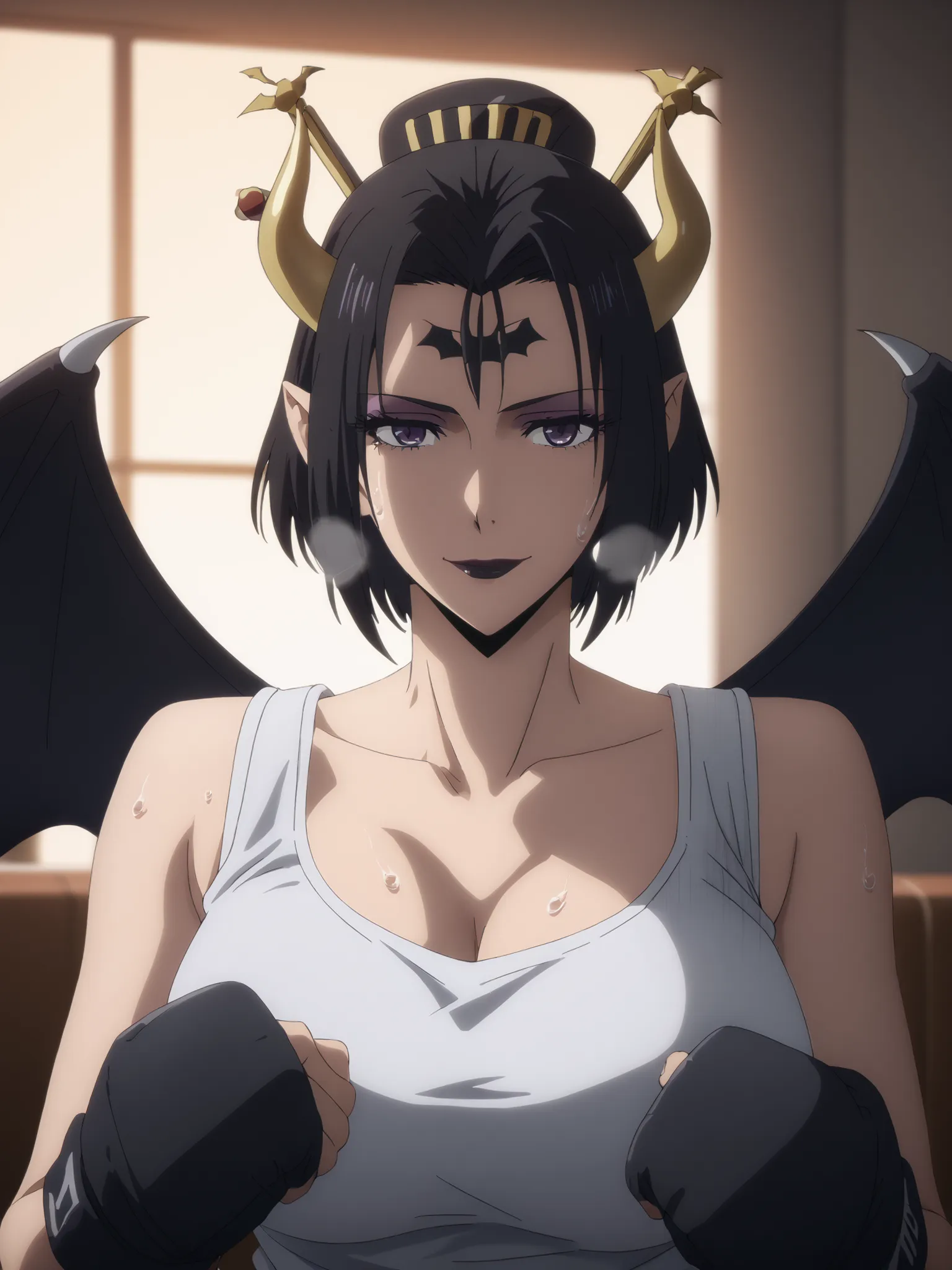 score_9, score_8_up, score_7_up, score_6_up, uncensored, lilithmon, black hair, forehead mark, horns, demon wings, hair ornament, black lipstick, purple eyes, anime coloring, anime screencap, (voluptuous:1.3), (thick:1.3), BREAK UHD, retina, masterpiece, a...