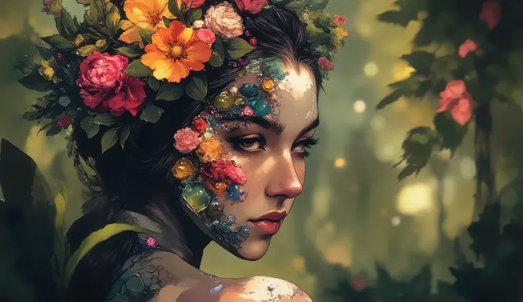 Imagine a surreal portrait of a woman whose face is a mosaic of various textures and materials, including blooming flowers, flowing water, and shimmering crystals. She stands in a lush garden, with dappled sunlight filtering through the leaves, illuminatin...