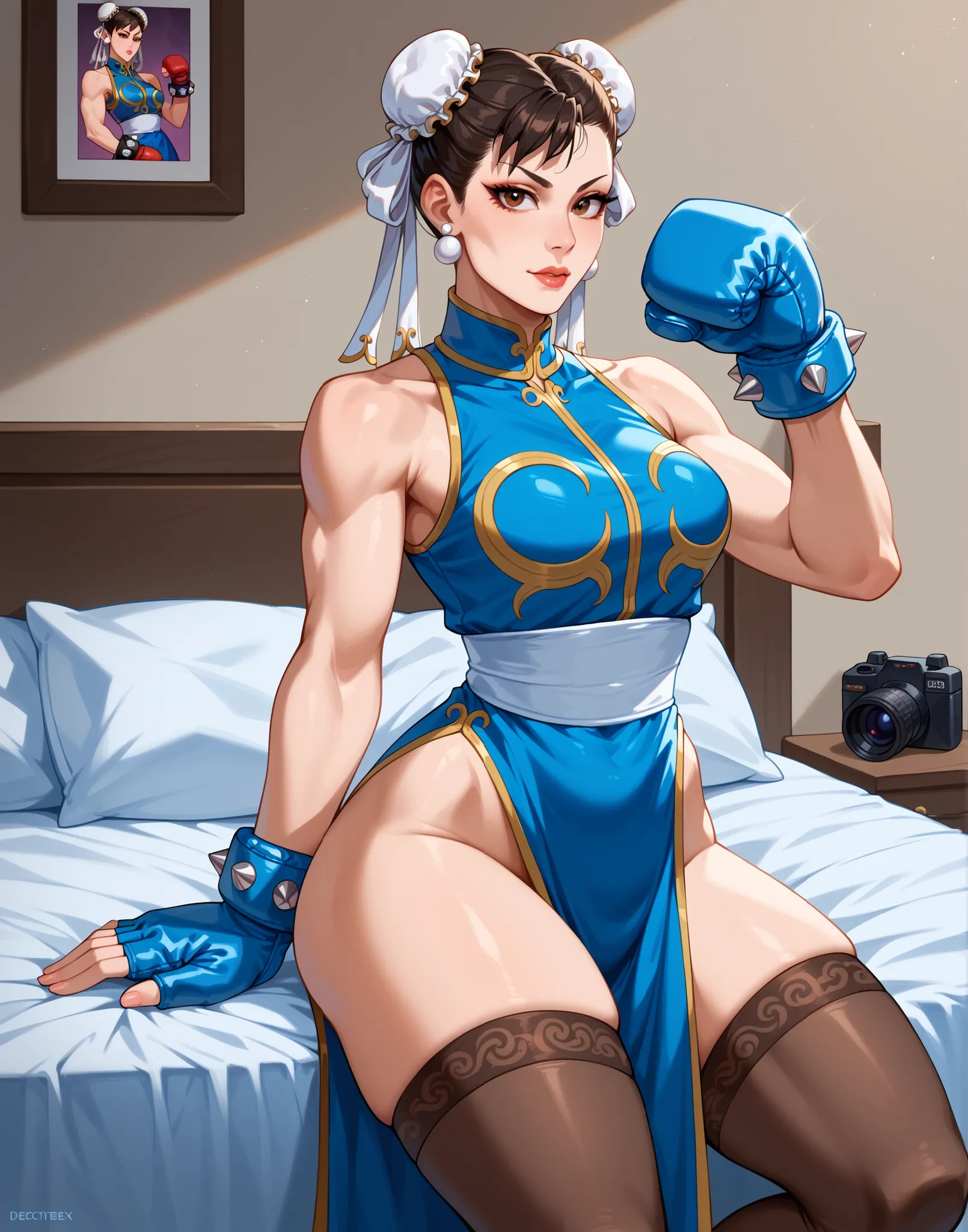 Chun-Li.  a woman, Alone,   breasts, dextersmom, make up, elegant jewelry  (collar delgado, discreet earrings ), boxing gloves, portrait, mature woman, background, thick thighs in bed, wide hip, (with a short, tight black wool dress, bare shoulders, deep n...